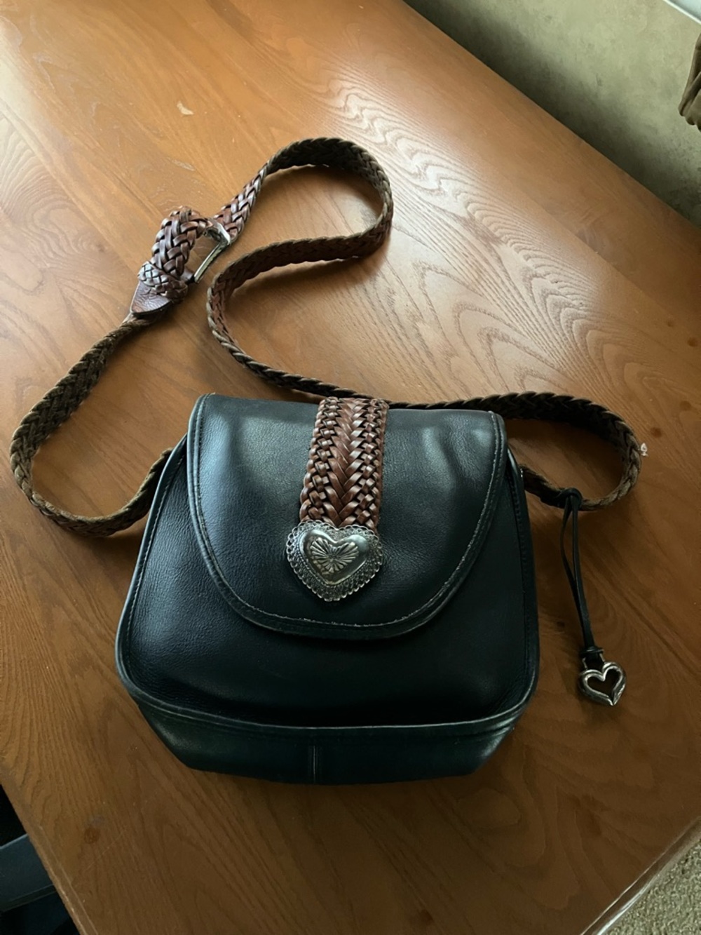 Vintage Brighton Black Leather with Brown and Silver Accents Crossbody